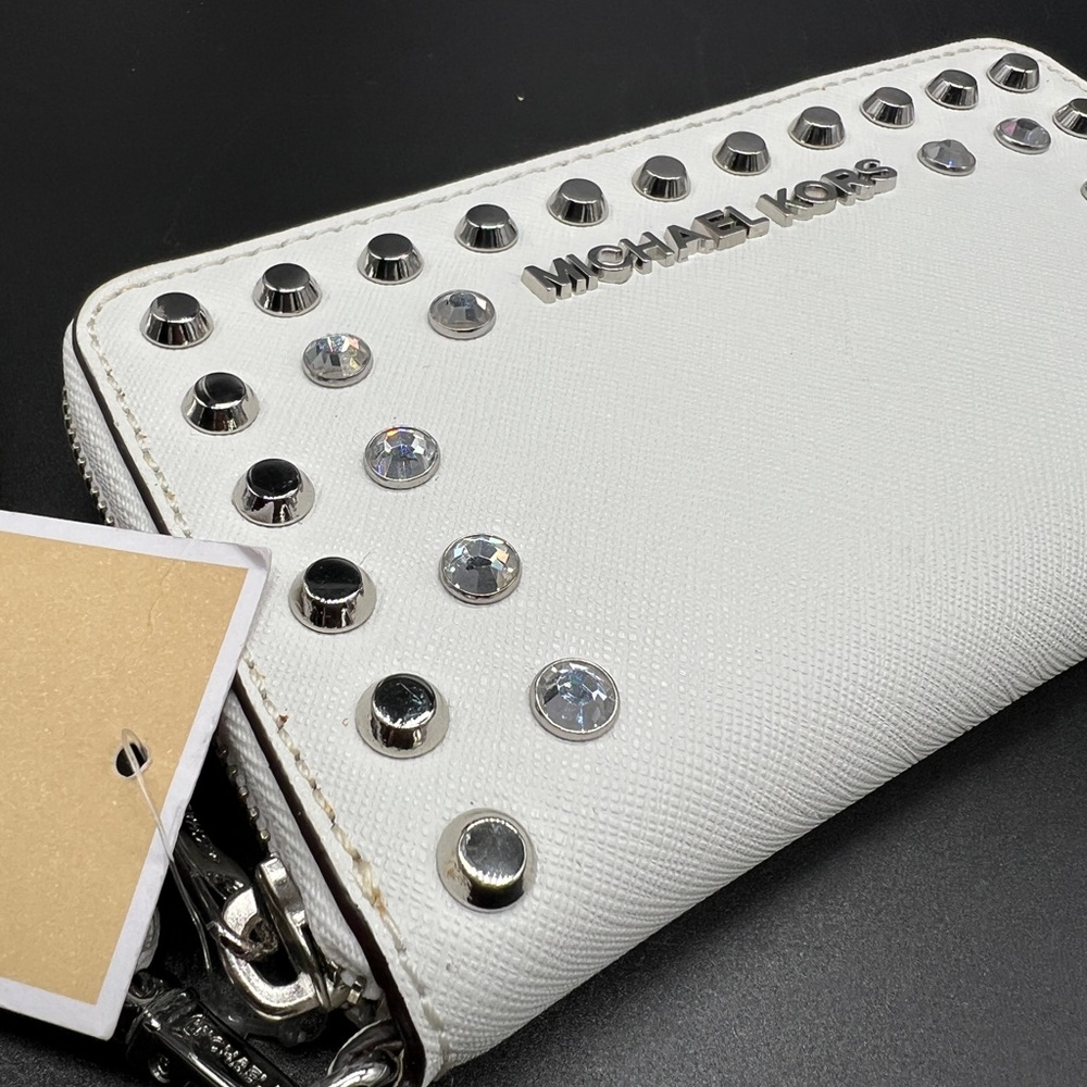 Michael Kors Jet Set Studded Wristlet Wallet Optic White Leather Zip Around NWT - Picture 5 of 8